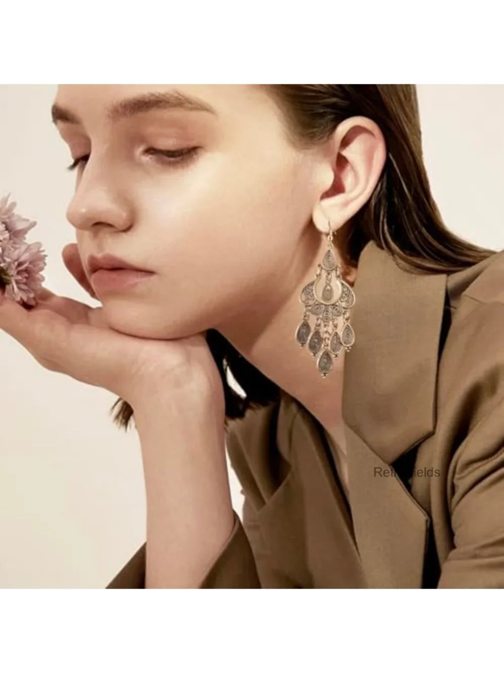 Vintage Bohemian Bronze Teardrop Flower Dangle Earrings Women Hook